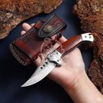 Damascus Folding Pocket Knife — Hand-Forged, Wood Handle, Leather Sheath (RK-531)