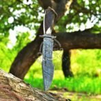 Damascus Bowie Knife — Hand-Forged, 14" Overall, Stag Horn Handle, Leather Sheath - Image 3