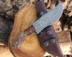 Damascus Tracker Knife — Hand-Forged, 10″ Overall, Ram Horn Handle, Leather Sheath - view 3
