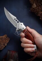 Damascus Folding Pocket Knife — Hand-Forged, Wood Handle, Leather Sheath (RK-531) - Image 6
