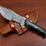 Damascus Tracker Knife — Hand-Forged, 10" Overall, Micarta Handle, Leather Sheath
