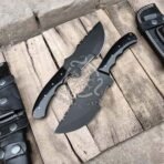 Damascus Tracker Knife — Hand-Forged, 11″ Overall, Buffalo Horn Handle, Leather Sheath - view 2