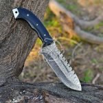 Damascus Tracker Knife — Hand-Forged, 10" Overall, Micarta Handle, Leather Sheath (RK-542)