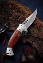Damascus Folding Pocket Knife — Hand-Forged, Wood Handle, Leather Sheath (RK-531) - Image 7