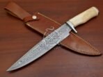 Damascus Bowie Knife — Hand-Forged, Bone Handle, Leather Sheath (RK-552)