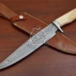 Damascus Bowie Knife — Hand-Forged, Bone Handle, Leather Sheath (RK-552)