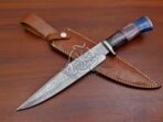 Damascus Bowie Knife — Hand-Forged, Camel Bone Handle, Leather Sheath (RK-553)