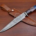 Damascus Bowie Knife — Hand-Forged, Camel Bone Handle, Leather Sheath (RK-553)