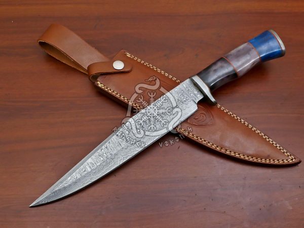 RK-553 Custom Handmade Damascus Hunting Bowie Camping knife Best Quality Knife Gift For Him With Beautiful Color Camel Bone Handle USA Made