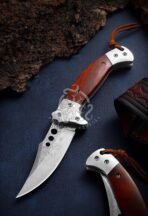 Damascus Folding Pocket Knife — Hand-Forged, Wood Handle, Leather Sheath (RK-531) - Image 8