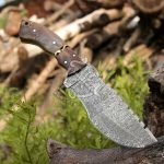 Damascus Tracker Knife — Hand-Forged, 10" Overall, Ram Horn Handle, Leather Sheath