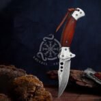 Damascus Folding Pocket Knife — Hand-Forged, Wood Handle, Leather Sheath (RK-531) - Image 9