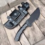 Damascus Tracker Knife — Hand-Forged, 11″ Overall, Buffalo Horn Handle, Leather Sheath