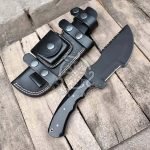 Damascus Tracker Knife — Hand-Forged, 11" Overall, Buffalo Horn Handle, Leather Sheath