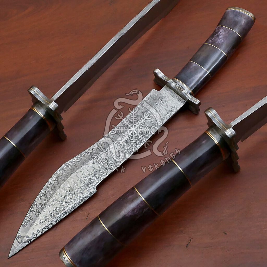 Damascus Bowie Knife — Hand-Forged, Camel Bone Handle, Leather Sheath (RK-550)