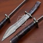 Damascus Bowie Knife — Hand-Forged, Camel Bone Handle, Leather Sheath (RK-550)