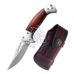 Damascus Folding Pocket Knife — Hand-Forged, Wood Handle, Leather Sheath (RK-531) - Image 11
