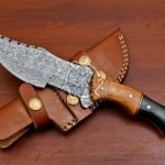 Damascus Tracker Knife — Hand-Forged, 10" Overall, Buffalo Horn Handle, Leather Sheath