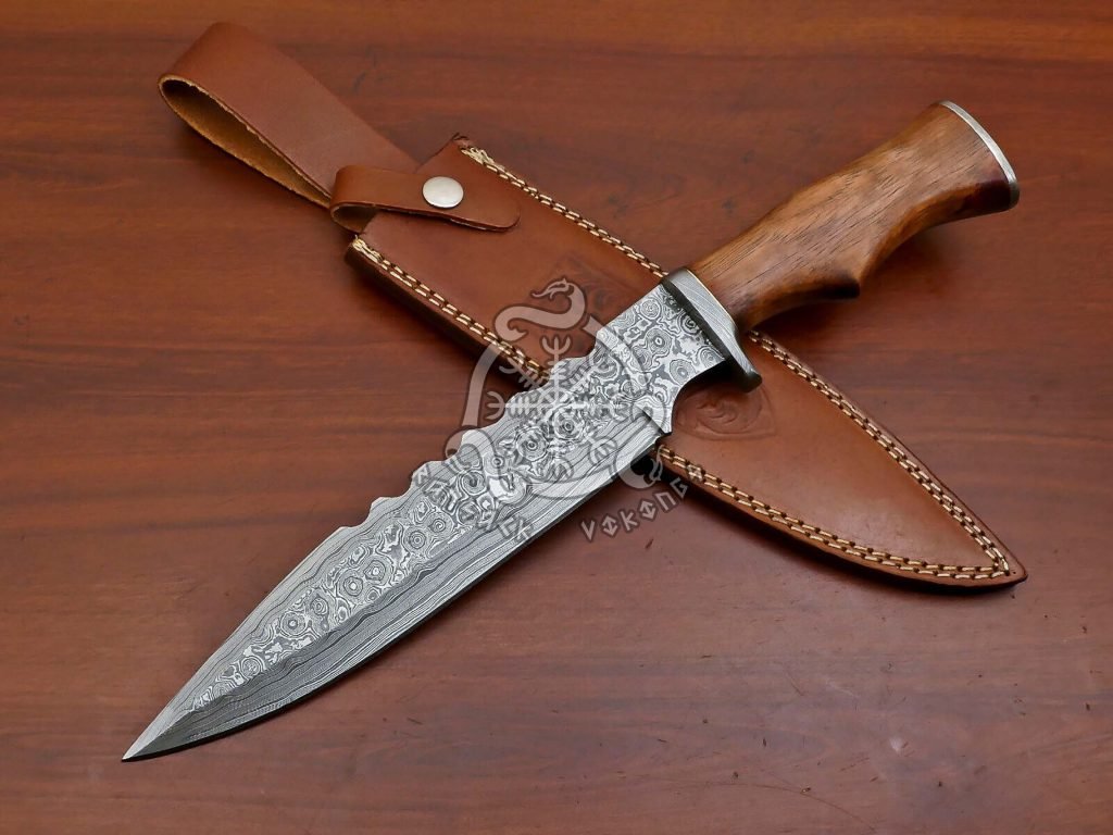 Damascus Bowie Knife — Hand-Forged, Wood Handle, Leather Sheath (RK-554)
