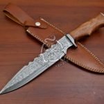 Damascus Bowie Knife — Hand-Forged, Wood Handle, Leather Sheath (RK-554)
