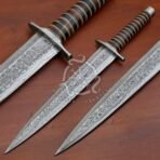 Damascus Dagger Knife — Hand-Forged, Rosewood Handle, Leather Sheath (RK-549)