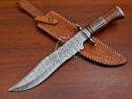 Damascus Bowie Knife — Hand-Forged, Camel Bone Handle, Leather Sheath (RK-551)