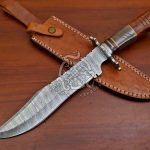 Damascus Bowie Knife — Hand-Forged, Camel Bone Handle, Leather Sheath (RK-551)