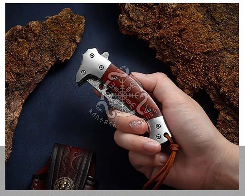 Damascus Folding Pocket Knife — Hand-Forged, Wood Handle, Leather Sheath (RK-531) - view 2