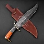Damascus Bowie Knife — Hand-Forged, 16" Overall, Stag Horn Handle, Leather Sheath - Image 3