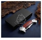 Damascus Folding Pocket Knife — Hand-Forged, Wood Handle, Leather Sheath (RK-531) - Image 3