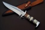 Damascus Camp Knife — Hand-Forged, Camel Bone Handle, Leather Sheath