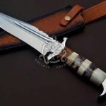 Damascus Camp Knife — Hand-Forged, Camel Bone Handle, Leather Sheath