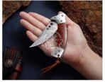 Damascus Folding Pocket Knife — Hand-Forged, Wood Handle, Leather Sheath (RK-531) - Image 4