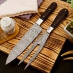 Damascus Chef Knife — Hand-Forged, 13" Overall, Stag Horn Handle, Leather Sheath