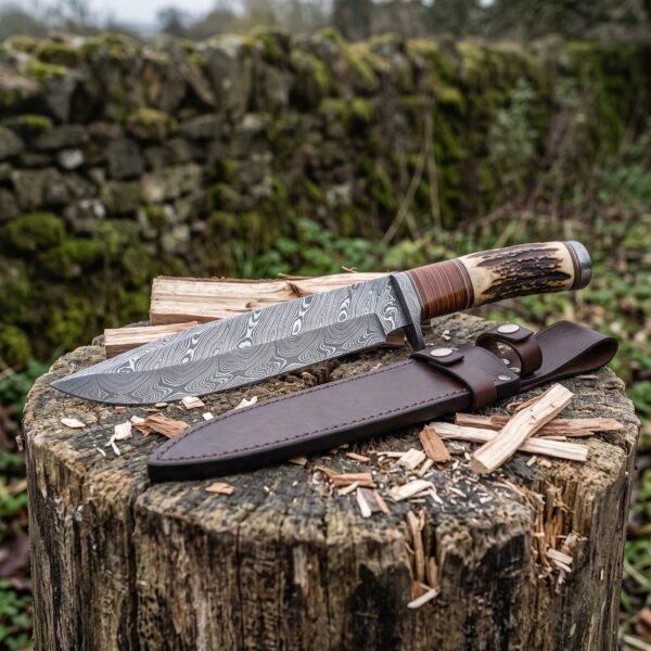 Damascus camp knife and brown leather sheath resting on a chopped tree stump among split kindling and wood chips