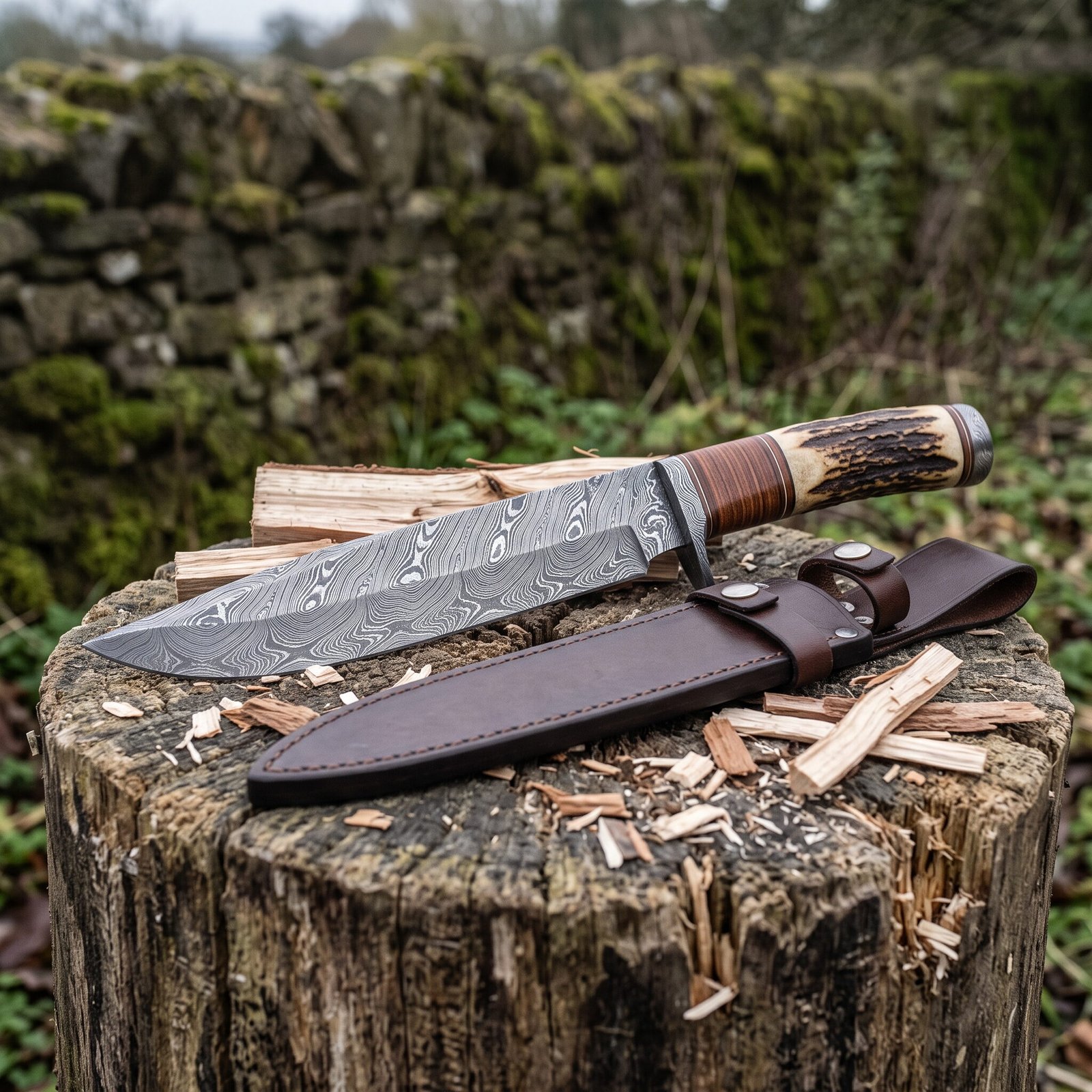 Damascus camp knife and brown leather sheath resting on a chopped tree stump among split kindling and wood chips Damascus camp knife and brown leather sheath resting on a chopped tree stump among split kindling and wood chips