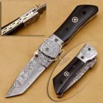 Damascus Folding Pocket Knife — Hand-Forged, 7" Overall, Buffalo Horn Handle, Leather Sheath | Engraving Available