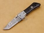Damascus Folding Pocket Knife — Hand-Forged, 7″ Overall, Buffalo Horn Handle, Leather Sheath | Engraving Available - vi