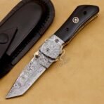 Damascus Folding Pocket Knife — Hand-Forged, 7″ Overall, Buffalo Horn Handle, Leather Sheath | Engraving Available - vi