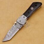 Damascus Folding Pocket Knife — Hand-Forged, 7″ Overall, Buffalo Horn Handle, Leather Sheath | Engraving Available - vi