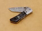 Damascus Folding Pocket Knife — Hand-Forged, 7″ Overall, Buffalo Horn Handle, Leather Sheath | Engraving Available - vi