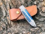 Damascus Folding Pocket Knife — Hand-Forged, 8" Overall, Pakka Wood Handle, Leather Sheath - Image 3