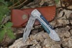 Damascus Folding Pocket Knife — Hand-Forged, 8" Overall, Pakka Wood Handle, Leather Sheath - Image 4