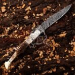 Damascus Folding Pocket Knife — Hand-Forged, Stag Horn Handle, Leather Sheath - view 3