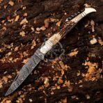 Damascus Folding Pocket Knife — Hand-Forged, Stag Horn Handle, Leather Sheath