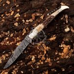 Damascus Folding Pocket Knife — Hand-Forged, Stag Horn Handle, Leather Sheath