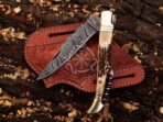 Damascus Folding Pocket Knife — Hand-Forged, Stag Horn Handle, Leather Sheath - view 2