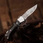Damascus Folding Pocket Knife — Hand-Forged, 7" Overall, Leather Sheath (RK-558) - Image 3