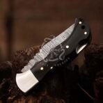 Damascus Folding Pocket Knife — Hand-Forged, 7" Overall, Leather Sheath (RK-558) - Image 5