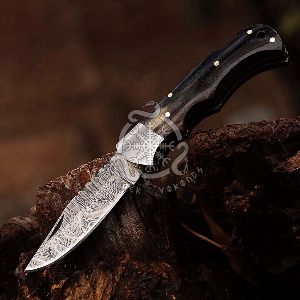 Damascus Folding Pocket Knife — Hand-Forged, 7″ Overall, Leather Sheath (RK-558) - view 2